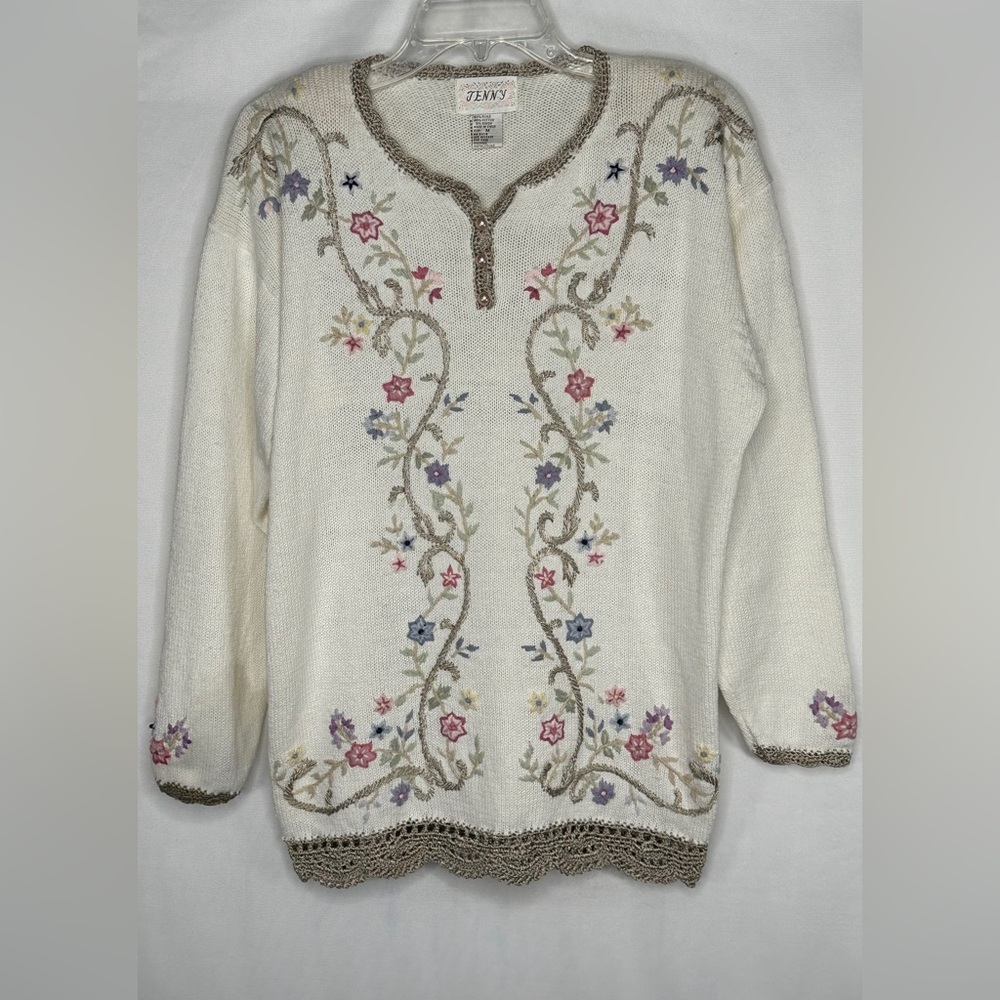 Jenny Vintage Sweater Ivory‎ Crochet Floral Embroidered Pullover Boho Sz M